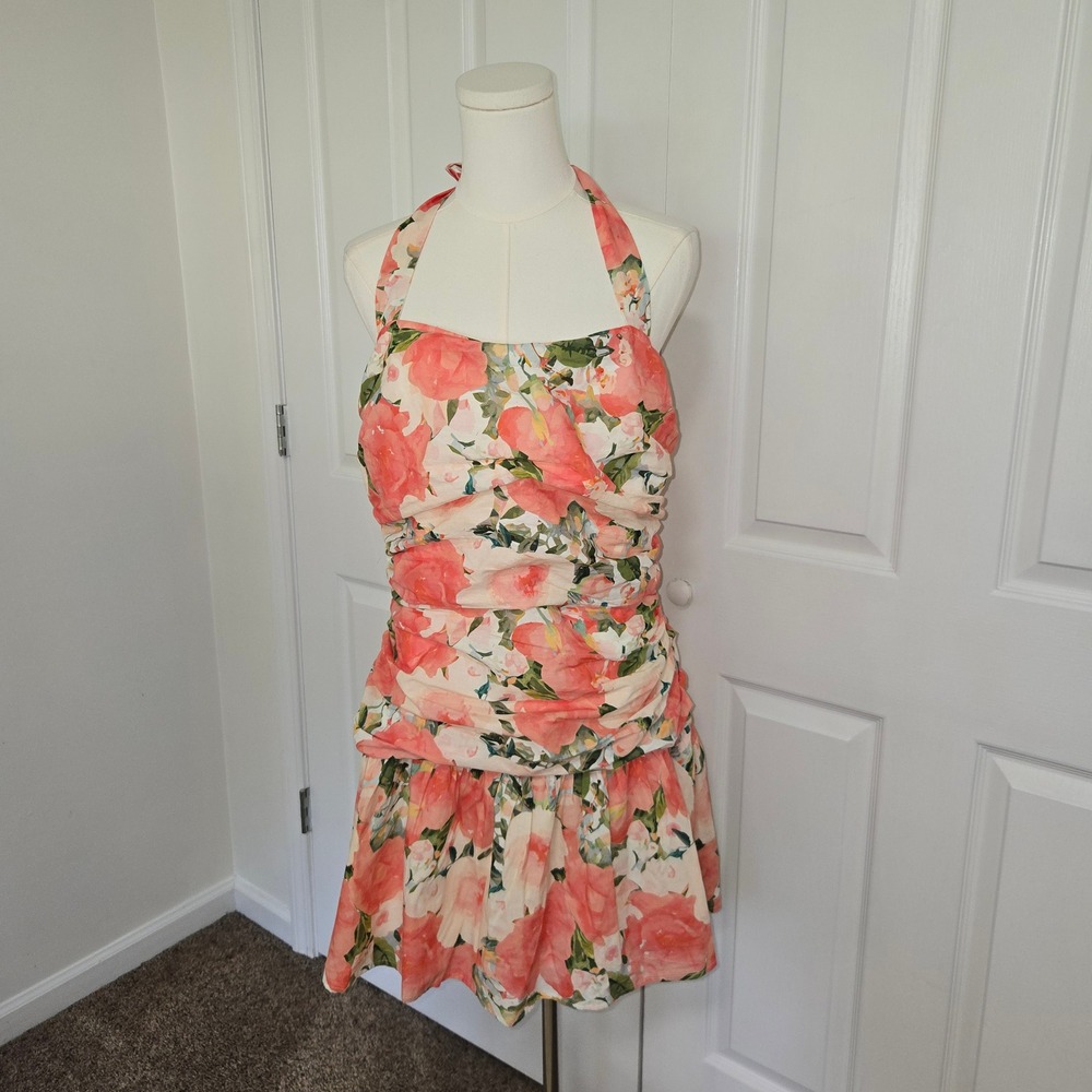 VICI Floral Halter Mini Dress Women XL Pink Orange Ruched Tiered Ruffle LD51069B